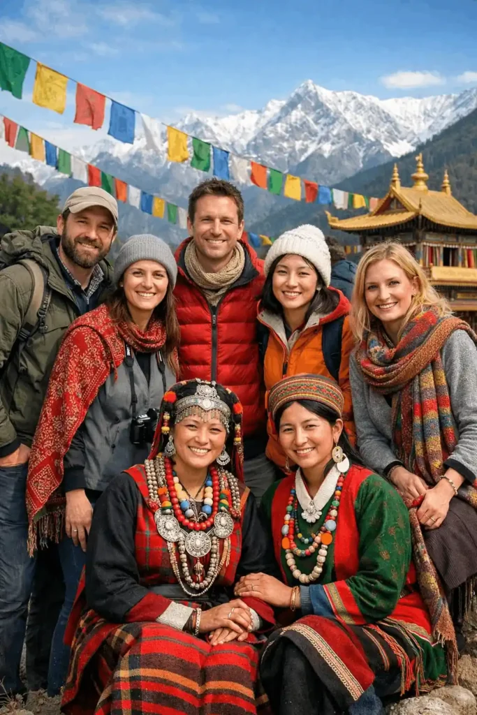 Group of tourists in traditional Himachali culture at Dharamshala during Chandigarh to Dharamshala Tour Package