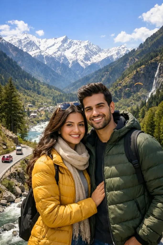 Romantic couple on a Chandigarh to Manali tour package enjoying snow peaks, river views, and hill station beauty.
