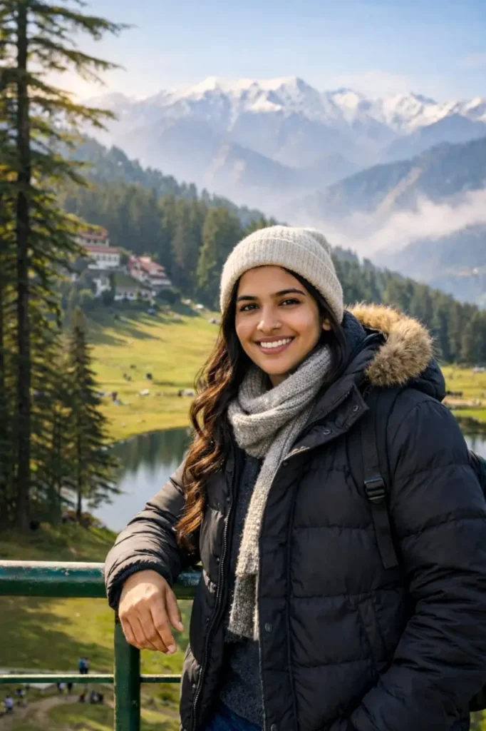 Beautiful woman enjoying scenic views at Khajjiar, Dalhousie with lush green meadows and lake – Dalhousie Tour Package from Chandigarh