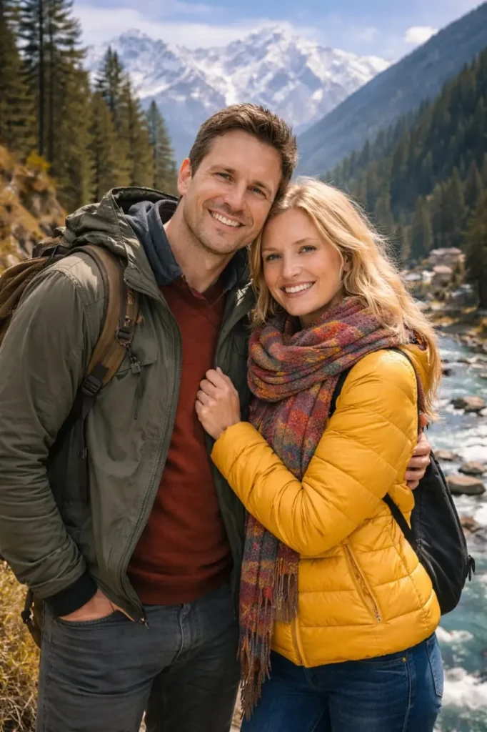 Romantic couple enjoying scenic mountain views during Kasol Tour Package from Chandigarh