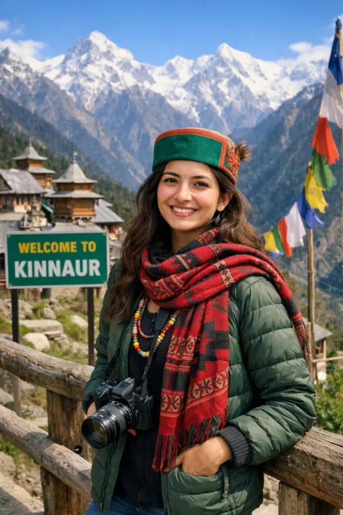 Tourist enjoying scenic views in Kinnaur during Kinnaur tour package from Chandigarh with snow mountains and local culture