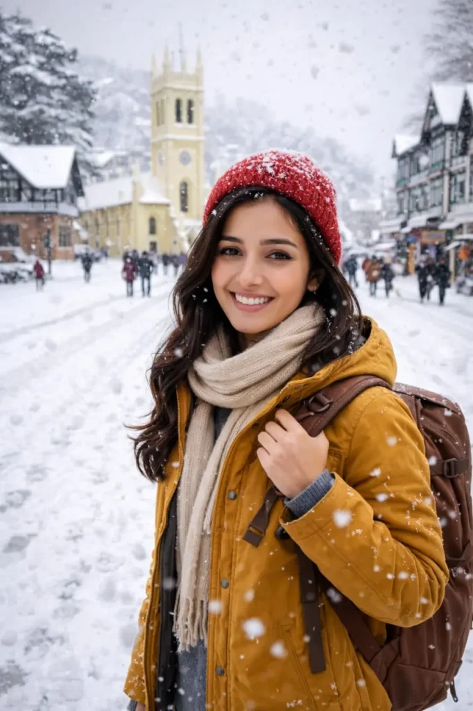 Smiling woman in winter clothes enjoying snowfall in Shimla perfect scene for Shimla Tour Package From Chandigarh.