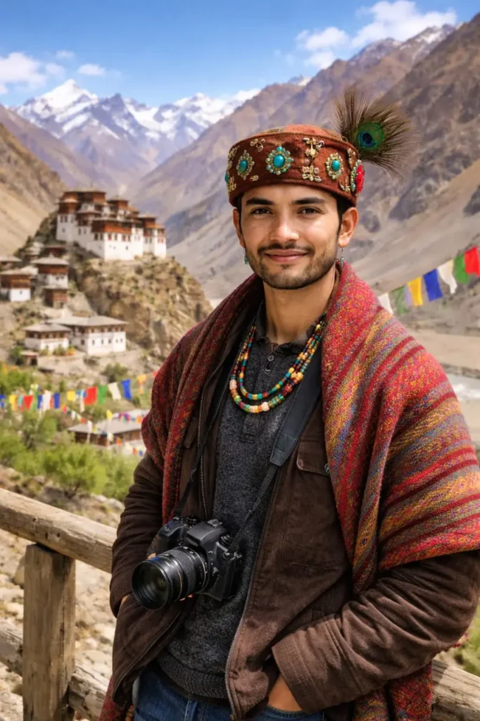 Male tourist exploring Spiti Valley on Spiti Valley Tour Packages from Chandigarh with monastery backdrop